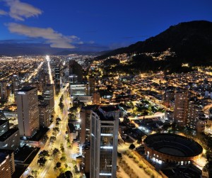 Panoramic night view of Bogota, the capital of Colombia, of the Avenida Carrera Septima with the bullring Santa Maria.